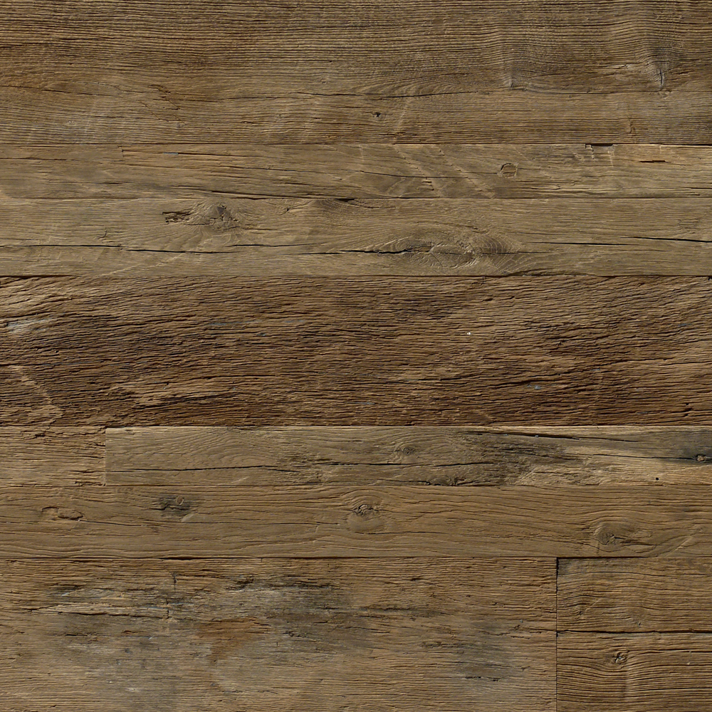 Detailansicht einer 3-Schicht-Platte aus alter Eiche mit originaler, unbearbeiteter Oberfläche. Das Holz zeigt ein kraftvolles Spiel aus markanten Strukturen, Gebrauchsspuren, Astlöchern und einer verwitterten Patina in warmen Braun- und Grautönen.