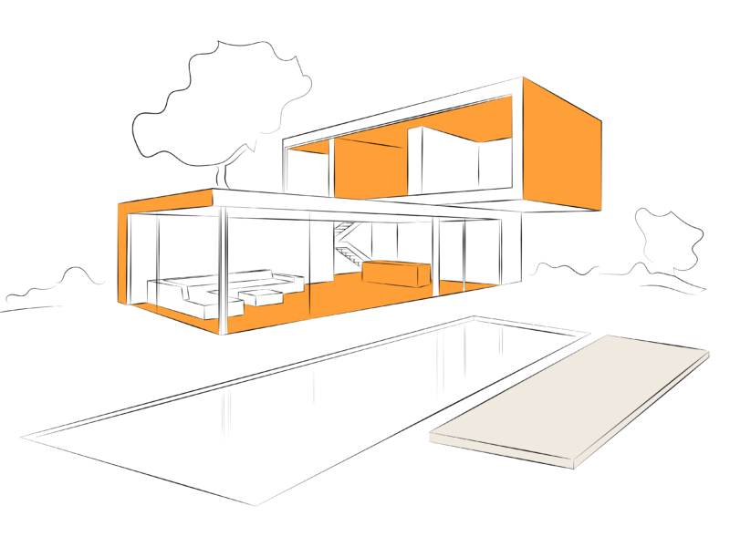 Skizzenhafte Darstellung eines modernen, zweigeschossigen Wohnhauses mit Flachdach. Orange hervorgehobene Flächen markieren ausgewählte architektonische Elemente wie Decken, Wände und Böden im Innenbereich sowie Fassadenpartien, zur Darstellung von Mareiner Holz-Anwendungen.