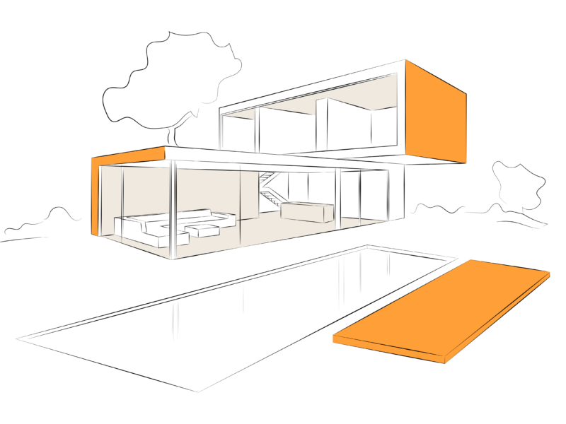 Skizzenhafte Darstellung eines modernen, zweigeschossigen Wohnhauses mit Flachdach. Orange hervorgehobene Flächen markieren ausgewählte architektonische Elemente wie Decken, Wände und Böden im Innenbereich sowie Fassadenpartien, zur Darstellung von Mareiner Holz-Anwendungen.