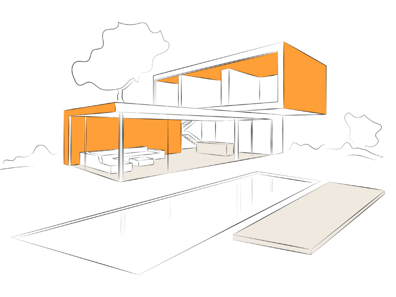 Skizzenhafte Darstellung eines modernen, zweigeschossigen Wohnhauses mit Flachdach. Orange hervorgehobene Flächen markieren ausgewählte architektonische Elemente wie Decken, Wände und Böden im Innenbereich sowie Fassadenpartien, zur Darstellung von Mareiner Holz-Anwendungen.