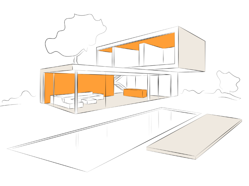 Skizzenhafte Darstellung eines modernen, zweigeschossigen Wohnhauses mit Flachdach. Orange hervorgehobene Flächen markieren ausgewählte architektonische Elemente wie Decken, Wände und Böden im Innenbereich sowie Fassadenpartien, zur Darstellung von Mareiner Holz-Anwendungen.
