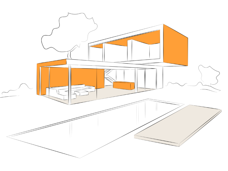 Skizzenhafte Darstellung eines modernen, zweigeschossigen Wohnhauses mit Flachdach. Orange hervorgehobene Flächen markieren ausgewählte architektonische Elemente wie Decken, Wände und Böden im Innenbereich sowie Fassadenpartien, zur Darstellung von Mareiner Holz-Anwendungen.