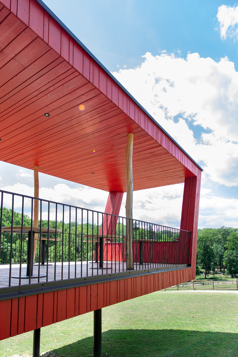 Pavillon im Wildpark Ernstbrunn mit auffälliger Fassade und Decke aus Gran Paradiso in rot beschichteter Ausführung. Die moderne Holzkonstruktion kombiniert klare Linien mit natürlichen Rundholzstützen und steht erhöht auf Stelzen über einer grünen Wiese.