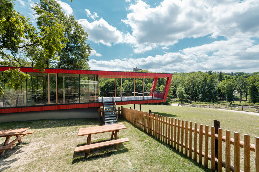 Modernes Gebäude im Wildpark Ernstbrunn mit einer markanten Fassade aus Gran Paradiso Holz, rot beschichtet. Die erhöhte Konstruktion mit Glasfronten und schräger Architektur steht auf Stelzen und fügt sich harmonisch in die grüne Parklandschaft ein.