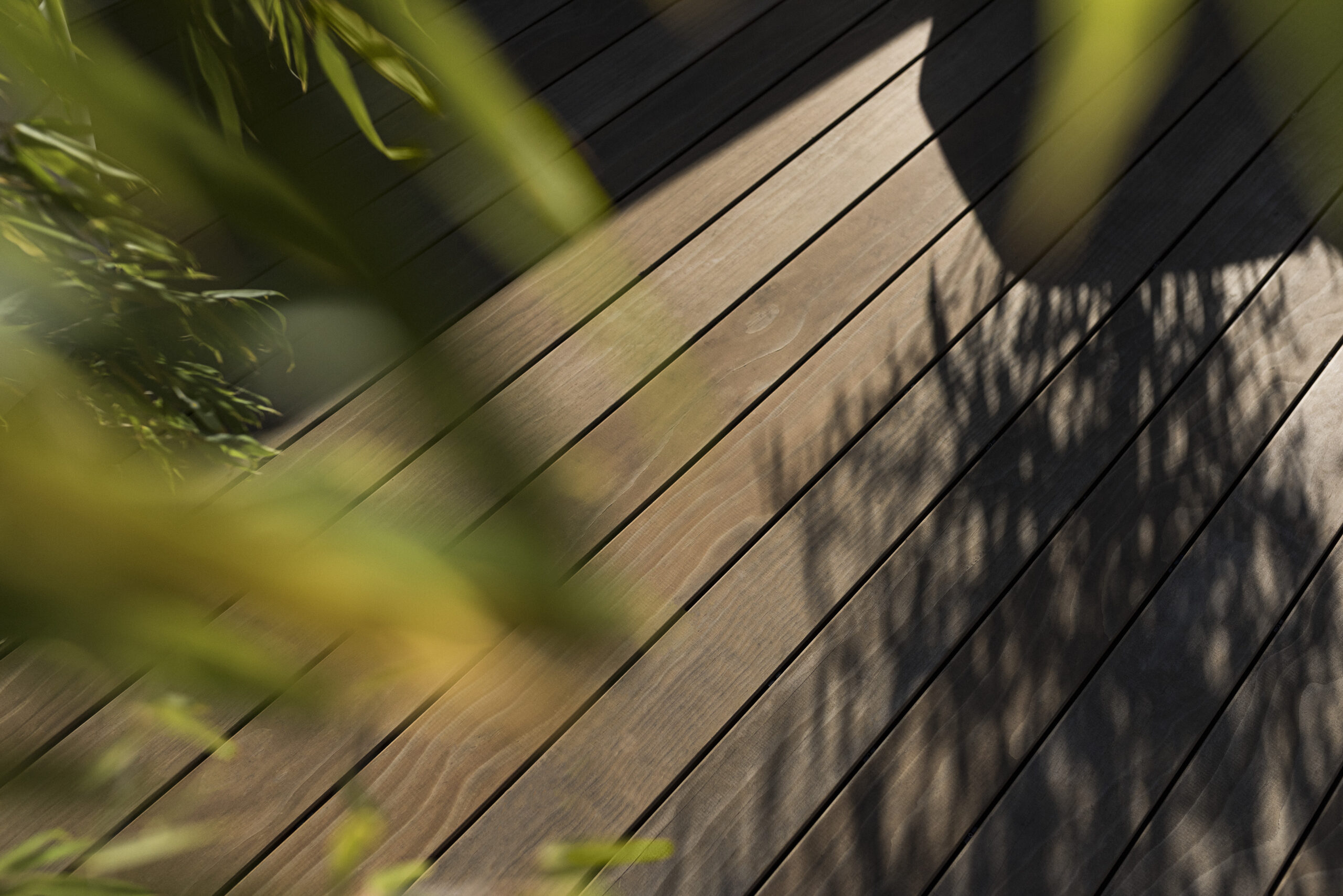 Detailaufnahme einer Kebony-Holzterrasse mit feiner Maserung und natürlicher Patina, durchzogen von Licht- und Schattenspiel umrahmt von grünem Blattwerk.