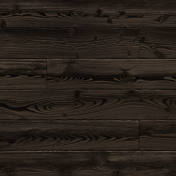 Dunkel beschichtete Holzoberfläche mit stark sichtbarer Maserung. Die markanten, schwarz-braunen Jahresringe heben sich kontrastreich hervor und verleihen dem Holz eine dynamische, fast plastische Struktur.