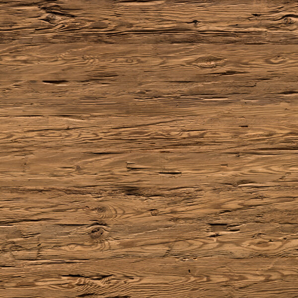 Handgehacktes Altholz mit stark strukturierter Oberfläche, sichtbaren Gebrauchsspuren und eingearbeiteten Nägeln. Die rustikale Maserung und unregelmäßige Textur verleihen dem Holz einen authentischen, historischen Charakter.