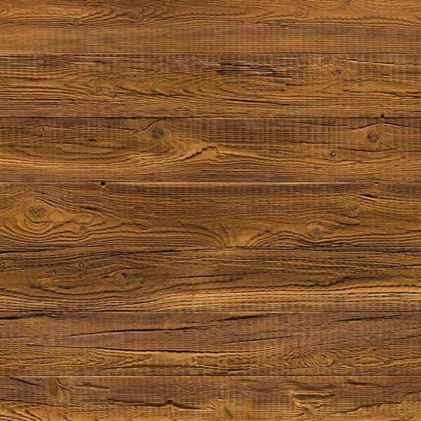 Warme, mittelbraune Holzoberfläche mit stark ausgeprägter Maserung und rustikaler Struktur. Die markanten Jahresringe, Astlöcher und Sägeansätze verleihen dem Holz einen urigen, handwerklichen Charakter mit natürlicher Tiefe.